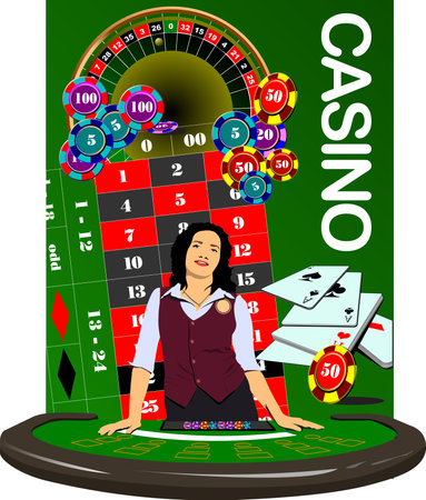The Woman Croupier At The Casino Table with casino elements. 3d vector hand drawn illustrationのイラスト素材
