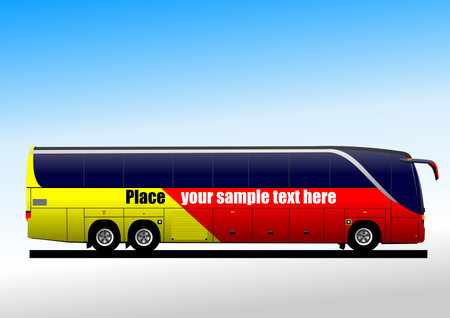 Red-yellow tourist bus. Coach. Vector 3d color hand drawn illustrationのイラスト素材