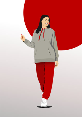 Walking young girl in a tracksuit. Vector 3d hand drawn illustrationのイラスト素材
