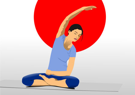 Woman practicing Yoga exercises. Vector 3d hand drawn Illustrationのイラスト素材
