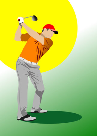 Golf club background with golfer man image. Vector 3d hand drawn illustrationのイラスト素材