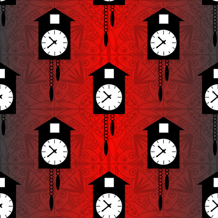 cuckoo clock on a red background seamless vector patternのイラスト素材