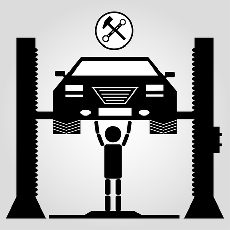 car on a jack and a man monochrome symbol on white backgroundのイラスト素材