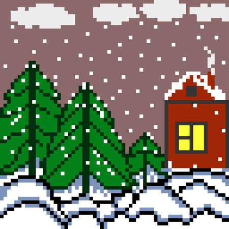 pixels house and the forest winter landscape vector illustrationのイラスト素材