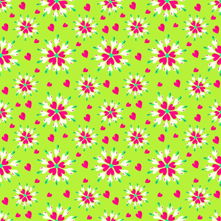 flowers and hearts on a green background seamless patternのイラスト素材