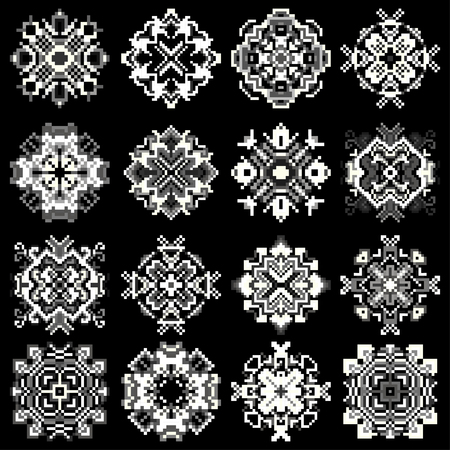 mandala of pixels on a black background symbols collectionのイラスト素材