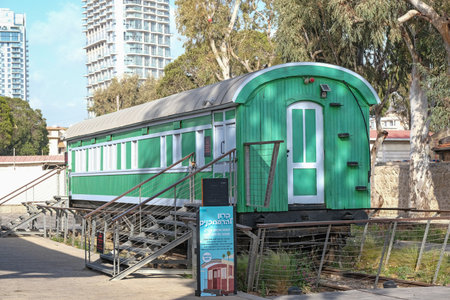 Tel Aviv-Yafo, Israel - April 19, 2022: The old carriage at Hatachana Complex, the old train station...