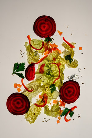 Abstract view from fresh vegetable scraps leftover from making a salad.