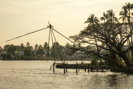 Chinese fishing net in Kochi, Kerala, India.の写真素材