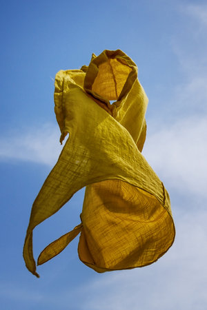 Yellow shirt flying against blue sky.の写真素材