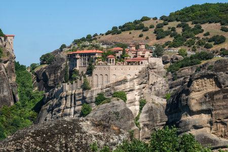 Meteora, Greece - May 03, 2024: Meteora Monastery on Cliff in Greece with Mountain Landscape.の写真素材