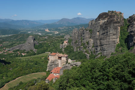 Majestic View of Meteora Monasteries Built on Cliffs in Greece.
