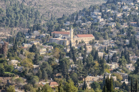 Jerusalem, Israel - May 26, 2025: Franciscan Monastery and Church of St. John the Baptist and Village of Ein Karem.の写真素材