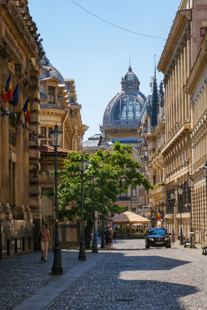 Bucharest, Romania - June 24, 2024: Historic Street with CEC Palace Dome in Bucharest.の写真素材