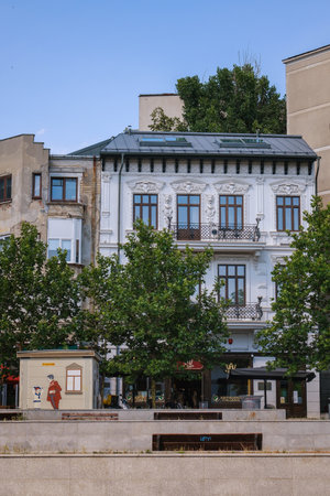 Bucharest, Romania - June 24, 2024: Historic Facade with Ornate Details in Bucharest.の写真素材
