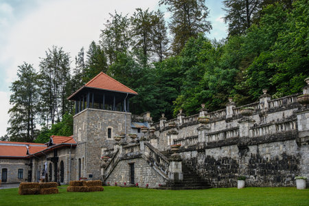 Busteni, Romania - June 24, 2024: Cantacuzino Castle Garden and Stone Terrace in Busteni.