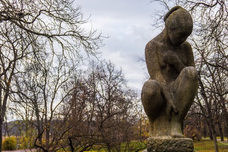 Sculpture of young woman in beautiful Letna park, Letenske sady, in Praha, popular tourist destination, Czech Republicの写真素材