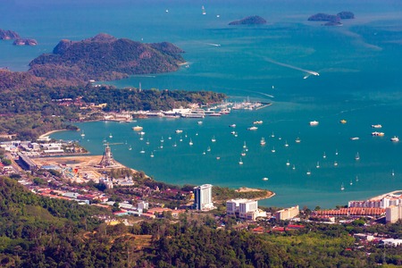 Harbor aerial view and skyline with boats on tropical island.の写真素材