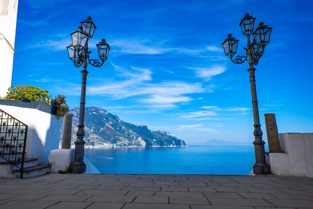 Seaview with street lamps from Atrani village on Amalfi Coast in Italy in summer.の写真素材