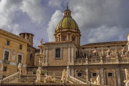 The Praetorian Fountain and the baroque dome of Santa Caterina in Palermo, Sicily, Italyの写真素材