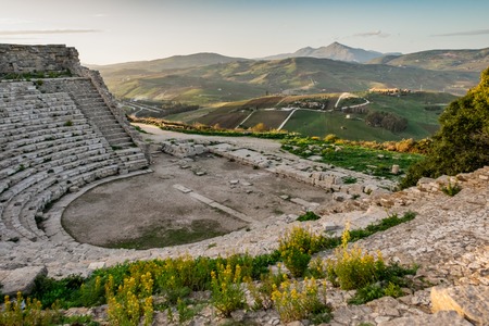 Ancient Greek amphitheatre in Segesta with beautiful landscape of Sicily, Italyの写真素材