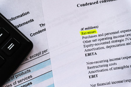 Business composition. Financial analysis - income statement, business plan with glass. Investment...