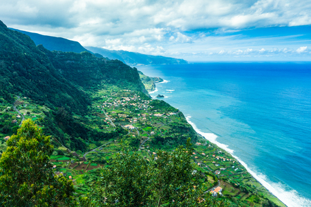 Aerial view of the northern coast of Madeira islands, from the Solar de Boaventura miradouro, Portugalの写真素材