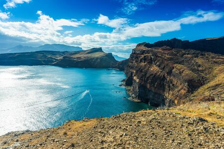 Aerial view of the wild cliffs at Ponta de Sao Lourenco, Madeira islands, Portugalの写真素材