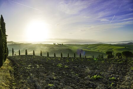 Beautiful foggy sunrise landscape in Tuscany - wave hills, green grass and morning fog. Italy,...