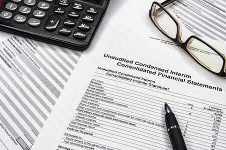 Financial statements review and analyze with tables. Business investment portfolioの写真素材