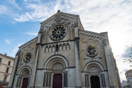 St Paul Church Gothic church with one spire and rose window in Nimes. Gard, Provence, France, Europe