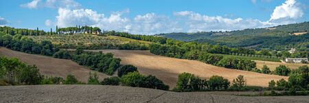 Beautiful landscape in Tuscany - wave hills covered green grass. Tuscany, Italy, Europe. Wide banner.の写真素材