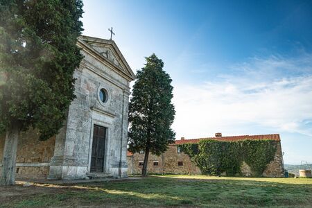 Cappella di Vitaleta with cypresses in Tuscany, Italy.の写真素材