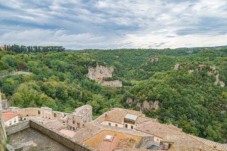 landscape of the picturesque medieval village on the hill, Sorano, Grosseto, Tuscany, Italyの写真素材