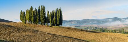 Beautiful landscape in Tuscany - wave hills covered green grass with cloudy sky. Tuscany, Italy, Europe. Wide banner.の写真素材