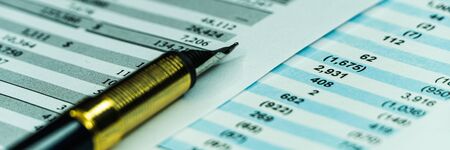 Balance sheet in stockholder report book, balance sheet is mock-up. wide banner
