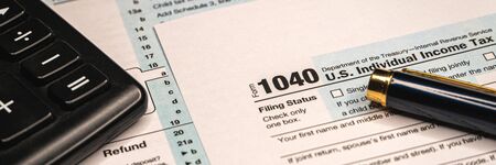 Tax forms 1040. U.S Individual Income Tax Return. Tax time. Wide banner