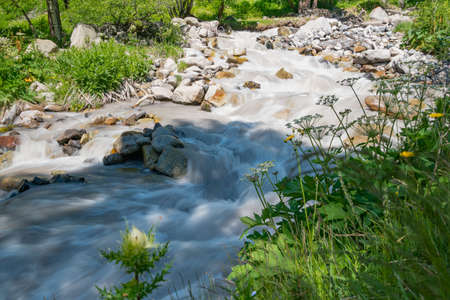 Mountain river, against the mountains forest, originating from a thawing glacier. Long exposure shotの写真素材