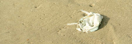 White face medical mask is left abandoned on the beach