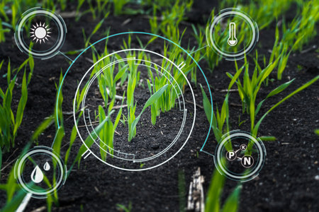 Plant sprout growing with Smart farm technology for detection and control system. Innovation technology for smart farmの写真素材