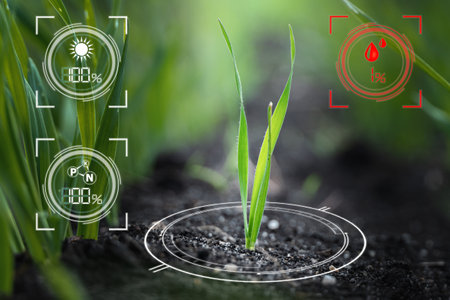 Plant sprout growing and Smart farm technology for detection and control system with red alert icon of low humidity. Innovation technology for agricultureの写真素材