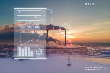 Emission to atmosphere of factory smoke pipes with virtual of digital display control and smart sensor. Smokestack pipes with design infographics. Industry chimney pollute the airの写真素材