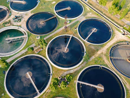 Aerial view of Recirculation Solid contact Clarifier Sedimentation Tank. Industrial water treatment...
