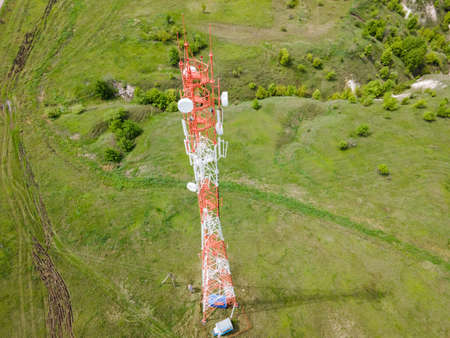 Telecommunication antenna GSM 5G and 4G tower. Cellular phone antennas countryside