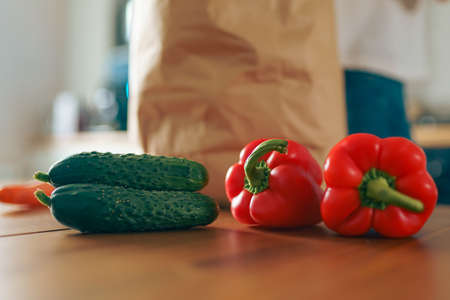 Fresh vegetables on kitchen table before prepare cooking healthy food saladの写真素材