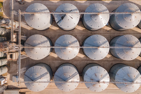 Grain storage elevator, Silo for grain. Aerial top down shot