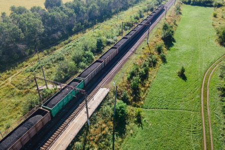 Aerial view freight train with wagons train with coal