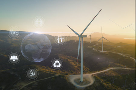 Wind turbine industry eco electricity energy concept. electrical power plant ecology industrial manufactureの写真素材