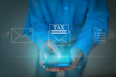 Tax time notification of need to file tax form, concept of metaverse and cyber AI for tax paymentの写真素材