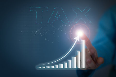 Woman touch virtual screen with increase tax payment and need to file tax formの写真素材